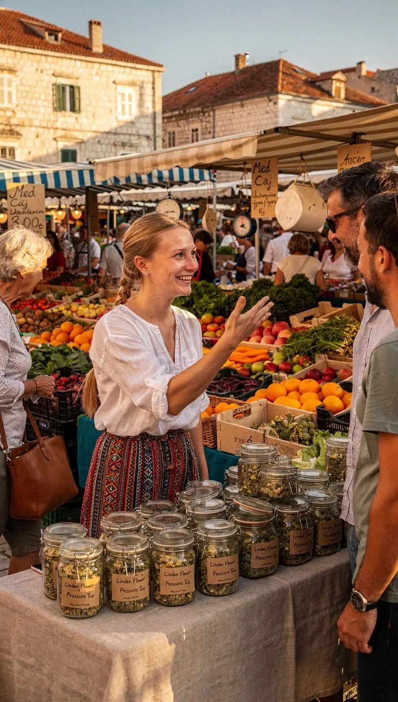 Uživanje u čaju od lipe na sunčanoj terasi s pogledom na prirodu.